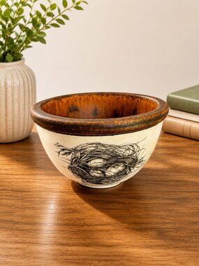 Laura Zindel Quail Nest Pottery Bowl Bird Art Brown Glaze 4 3/4" Signed